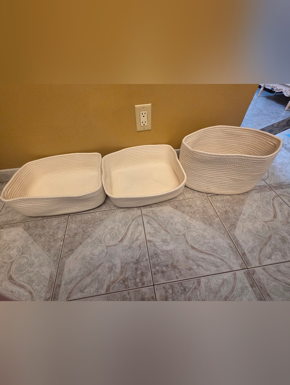 3 Woven Cotton Rope Storage Baskets - Cream